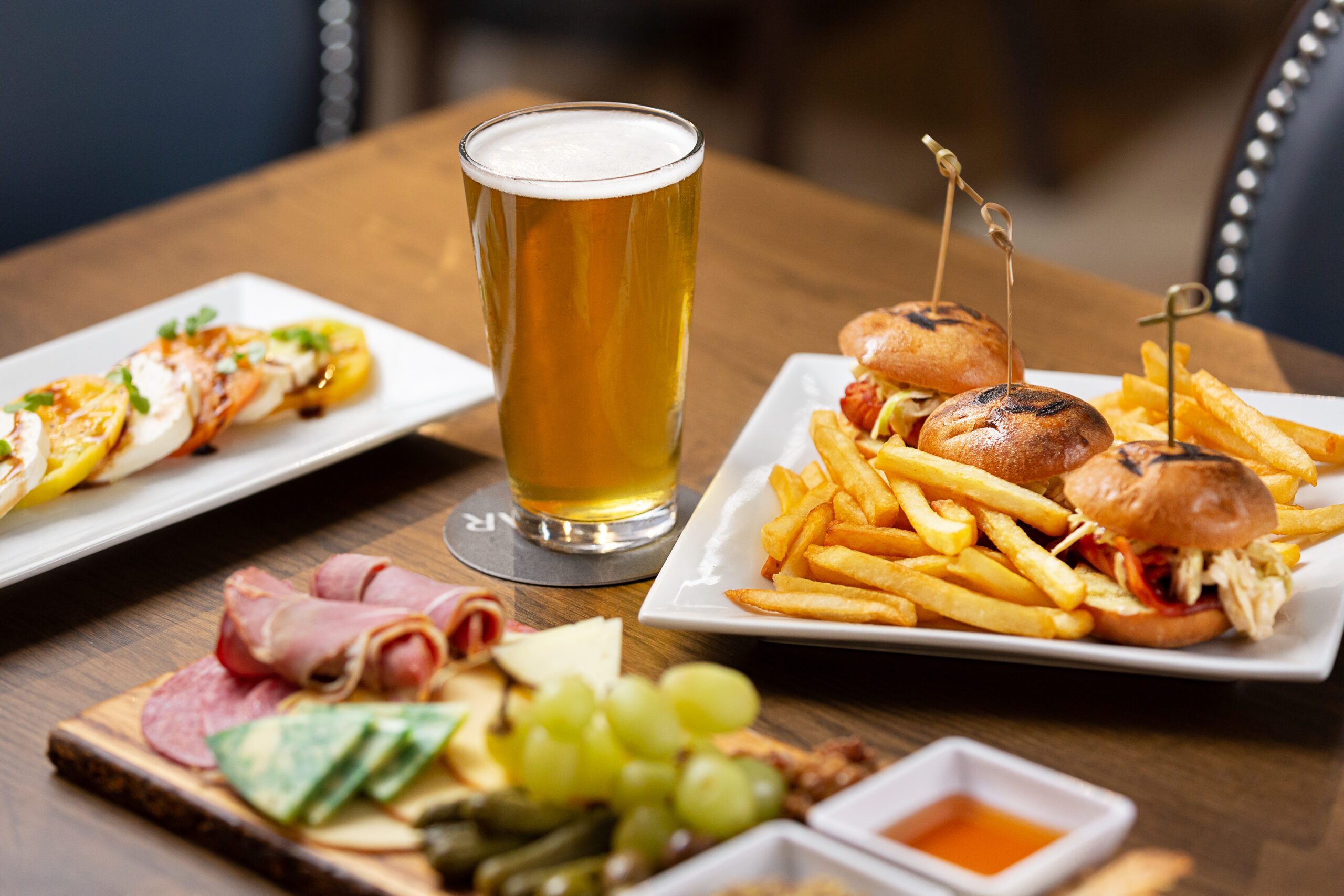 table of food and a beer