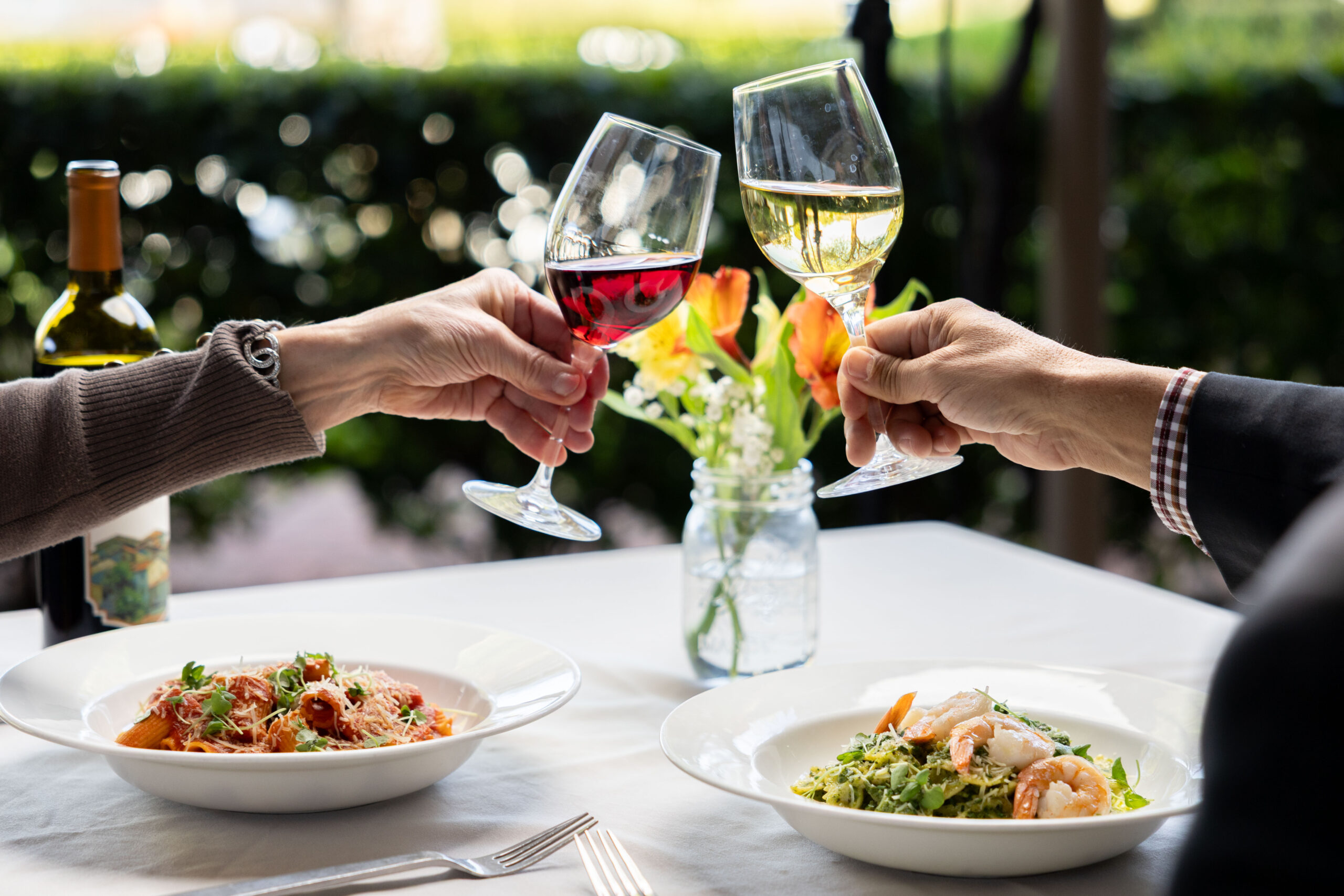 pasta dishes with two people cheersing their wine