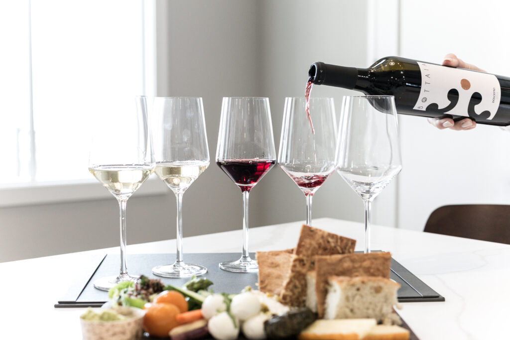 Wine glass flight with a charcuterie board