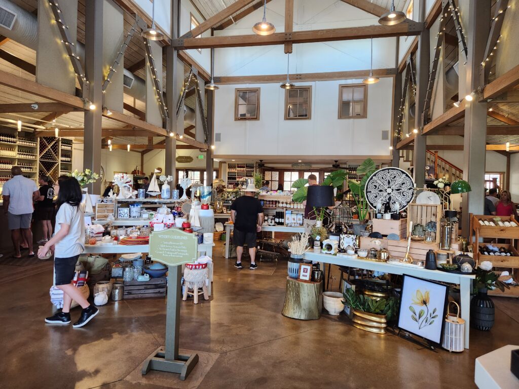 Ponte Winery merchandising tables in the middle of the tasting building