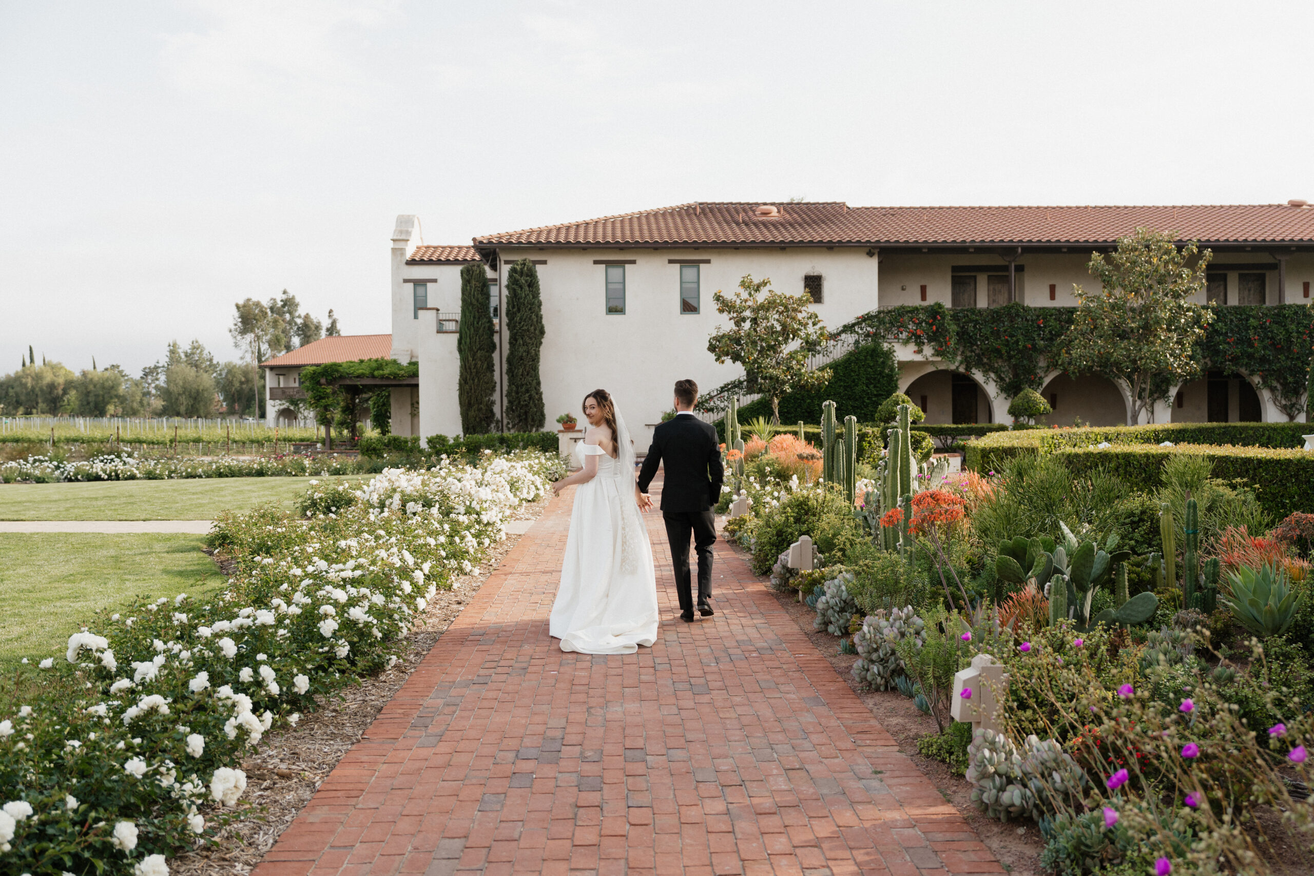 Wedding couple walking a path through the vineyard inn
